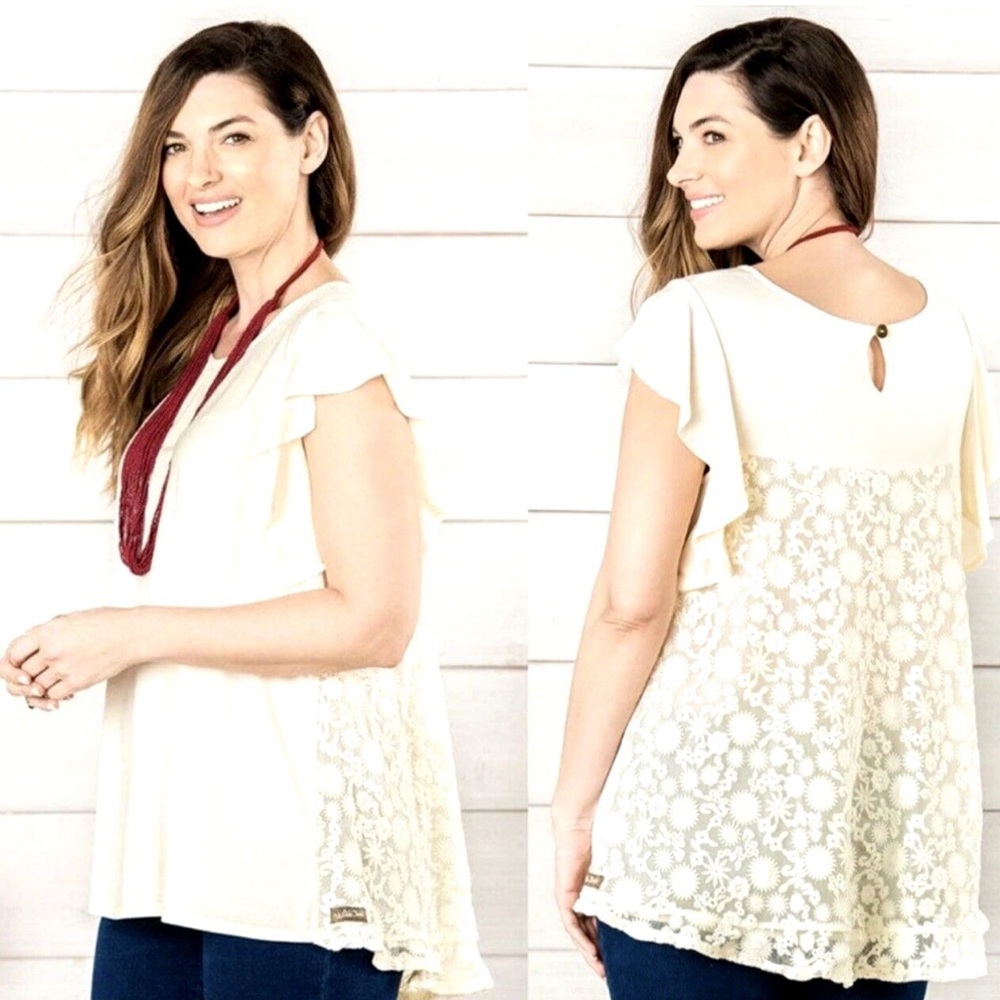 Matilda Jane Woman’s Adventure Begins Simply Lace Ivory Top Shirt size large